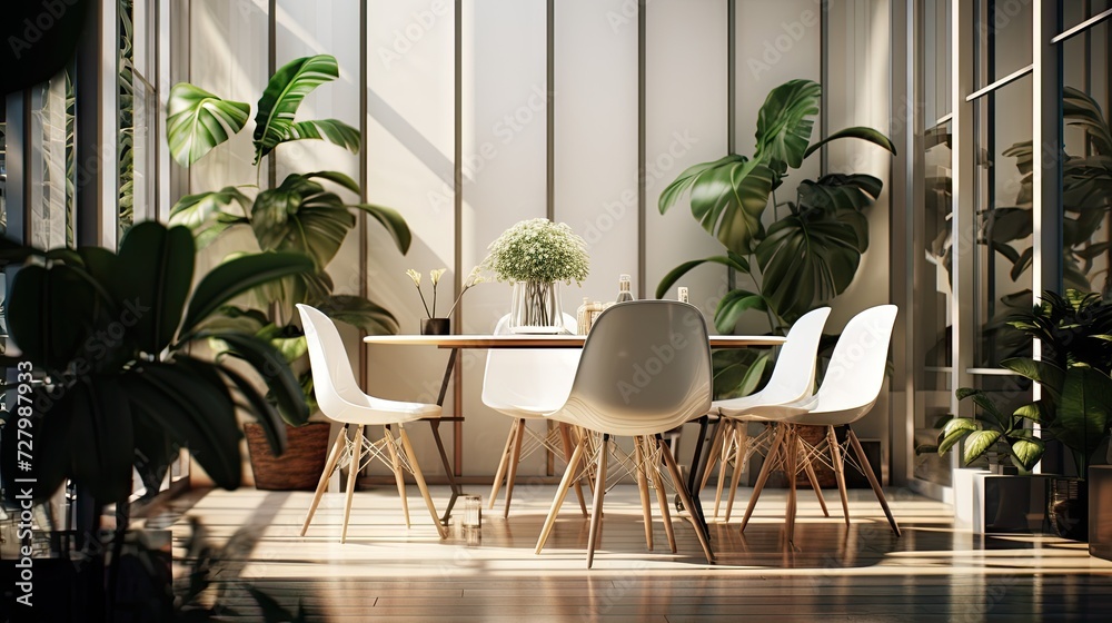 A blur background of a modern office interior, featuring contemporary workspace elements like chairs, table, and an interior plant. Ideal for showcasing the corporate ambiance of a creative business