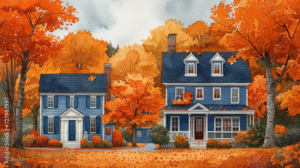 Painted houses in autumn with trees that have orange leaves