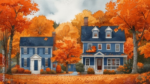 Painted houses in autumn with trees that have orange leaves