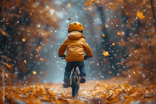 A young adventurer braves the winter chill, gliding through a snowy wonderland on their trusty bicycle