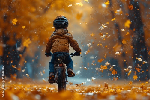 A young adventurer pedals through the sky on their trusty bike, surrounded by cascading leaves and the thrill of freedom © Larisa AI