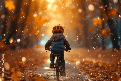 A young rider braves the changing seasons on their bike, the crunch of fallen leaves and the chill of winter only adding to the thrill of the journey © Larisa AI