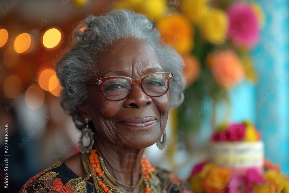 A joyful senior woman, adorned with a yellow flower in her hair, gazes confidently at the camera with a warm smile, showcasing her beautiful human face and signature wrinkles through her stylish glas A joyful senior woman, adorned with a yellow flower in her hair, gazes confidently at the camera with a warm smile, showcasing her beautiful human face and signature wrinkles through her stylish glas