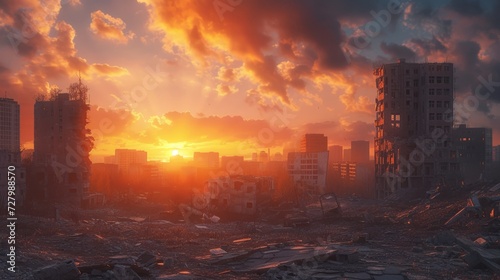 Apocalyptic vision of city ruins under a fiery sky at sunset