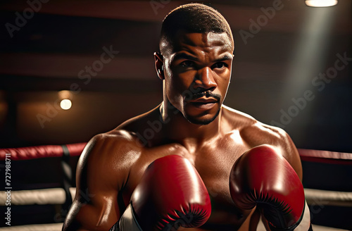 African-American male boxer with gloves, focused and intense gaze, determination evident, in a dimly lit gym, ready to fight, showcasing strength and resilience, training moment captured © Ekaterina
