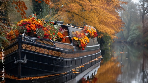 Fotografiet Decorated boat on a calm canal with autumn leaves in a picturesque setting