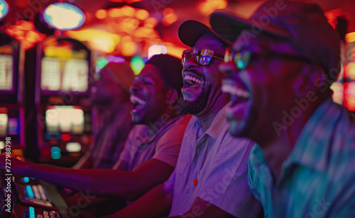 Joyful Gamblers Amidst the Glowing Machines. Slot Machine Frenzy. Excited Players.