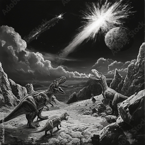 scene with a t rex, two more dinosaurs and a meteorite coming from above them, black and white