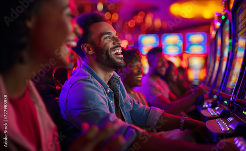 Joyful Gamblers Amidst the Glowing Machines. Slot Machine Frenzy. Excited Players.