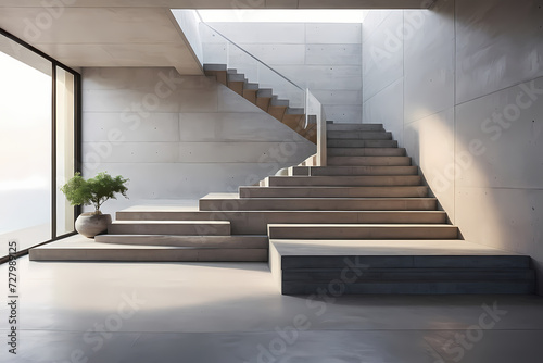 Subtle 3D staircases with minimalist concrete steps in a tranquil setting.
