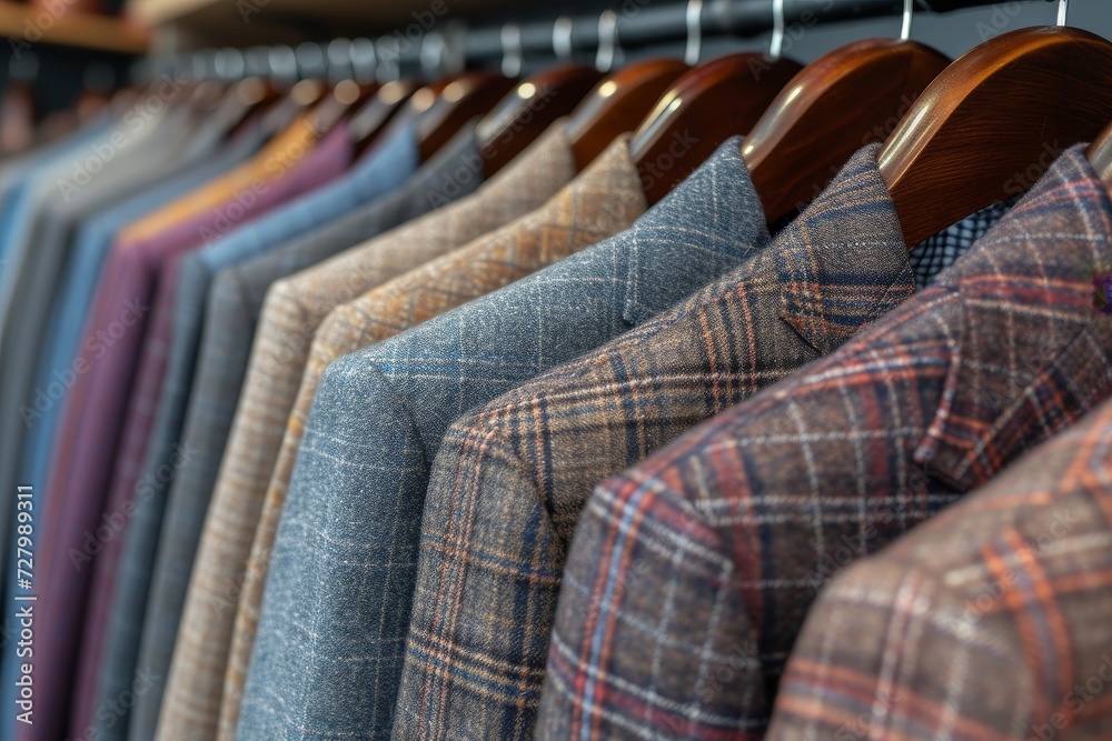 A neat row of crisp suits hang on the clothes hanger, waiting to be worn by adventurous swingers who embrace a life of excitement and luxury A neat row of crisp suits hang on the clothes hanger, waiting to be worn by adventurous swingers who embrace a life of excitement and luxury