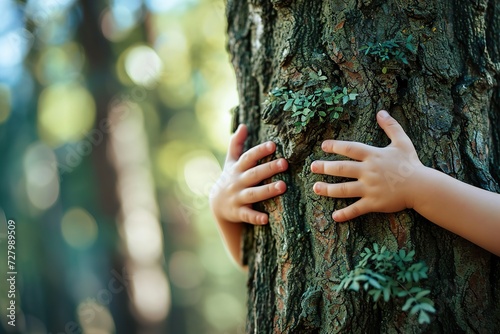 Children's hands hug a tree. Ai generative