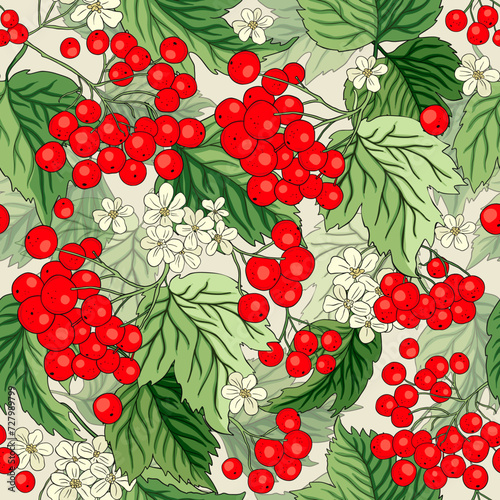 Fototapeta Naklejka Na Ścianę i Meble -  Viburnum rowan red berry flower seamless vector pattern background. Autumn floral fruit bouquet fresh forest garden illustration