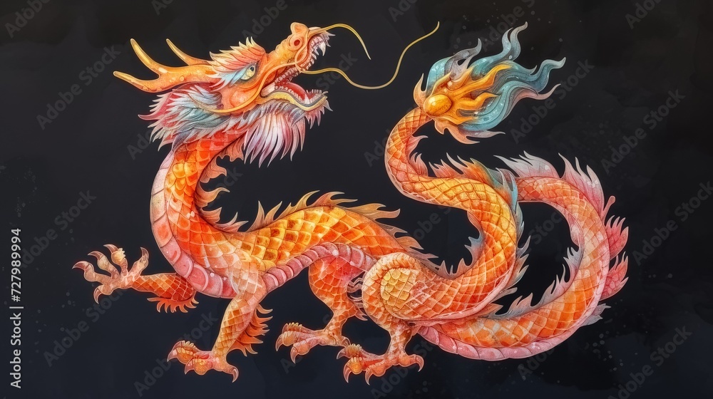 Obraz premium In celebration of the Lunar New Year, a watercolor depiction of a Chinese dragon is created in the vibrant style of manga