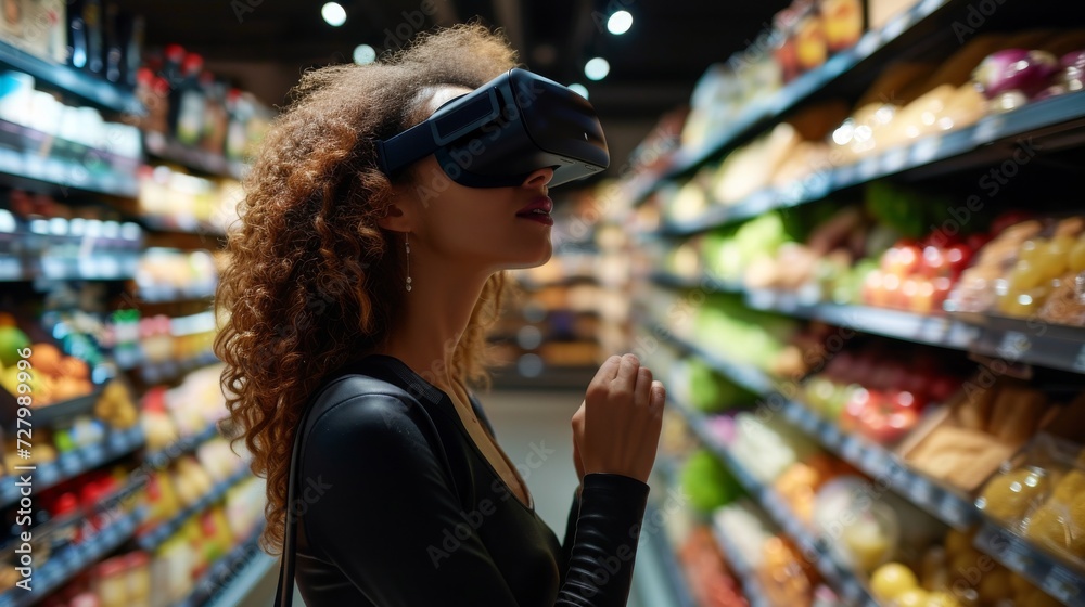 Woman wearing virtual reality glasses shopping at supermarket, new modern technology of integrated reality Online shopping and ecommerce concept. Woman wearing virtual reality glasses shopping at supermarket, new modern technology of integrated reality Online shopping and ecommerce concept.