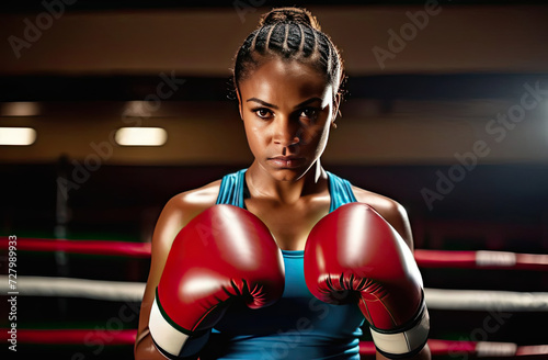 African-American female boxer with gloves, focused and intense gaze, determination evident, in a dimly lit gym, ready to fight, showcasing strength and resilience, training moment captured © Ekaterina