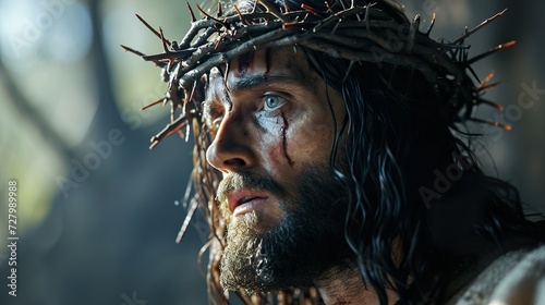 Portrait of Jesus Christ during the Way of the Cross. Ai generative photo
