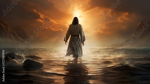 The figure of Jesus walks on water on a sunny background. Ai generative.