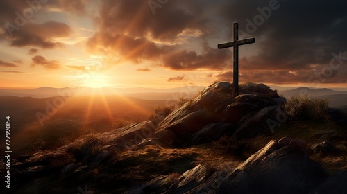 Religious christian cross crucifixion on top of mountain at sunset. AI Generative. photo