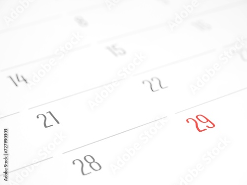 Calendar with number 29 in red showing the last day of february in a leap year
