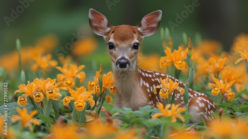 a young deer is sitting in a field of yellow flowers and looking at the camera with a curious look on his face. © Jevjenijs