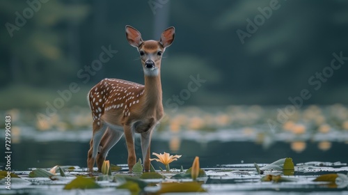 a small deer standing on top of a body of water next to a forest filled with lots of water lilies.