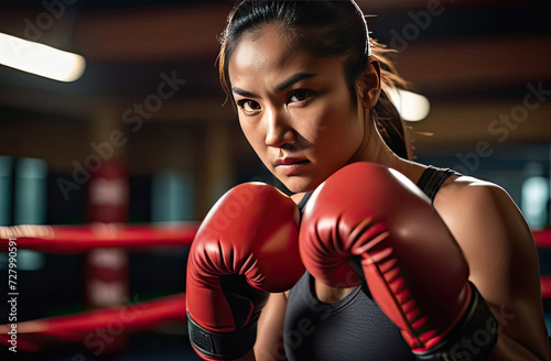 Asian girl boxer with gloves, focused and intense gaze, determination evident, in a dimly lit gym, ready to fight, showcasing strength and resilience, training moment captured © Ekaterina