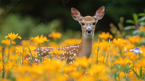 a deer standing in a field of yellow flowers with a blue flower in the foreground and trees in the background.