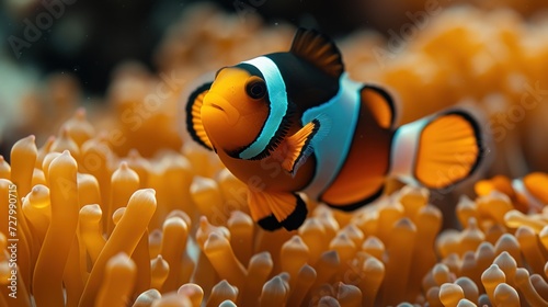 a close up of a clown fish on an orange sea anemone with a black and white stripe on it's face.
