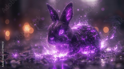 a purple bunny rabbit sitting in the middle of a dark room with lights on it's sides and a blurry background.