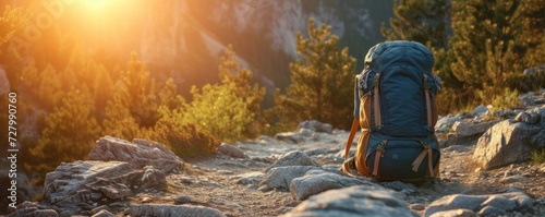 A banner with copy space and high-end travel backpack on a rocky sunlit mountain trail, depicting the adventurous spirit of quiet luxury travelling.