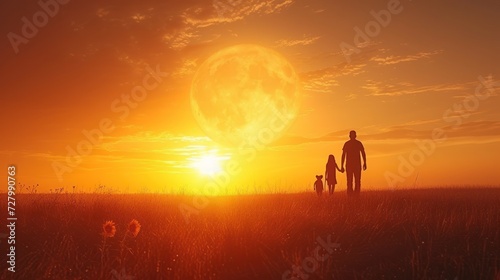 a silhouette of a man and a woman holding hands as the sun sets over a field with tall grass in the foreground. photo