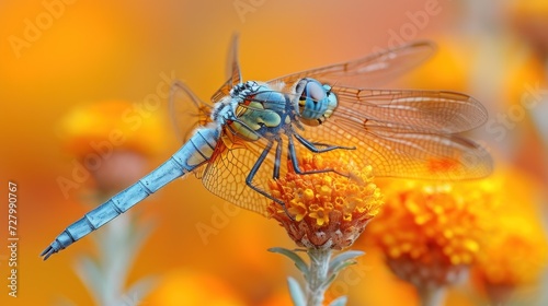 a close up of a blue dragonfly sitting on top of a plant with yellow flowers in front of it. © Jevjenijs