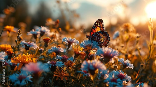 Flower meadow and butterfly. Ai generative
