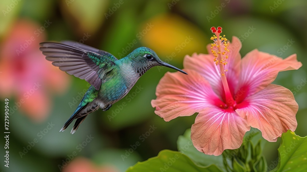 a hummingbird hovering over a pink flower next to a green leafy plant with a pink flower in the foreground. a hummingbird hovering over a pink flower next to a green leafy plant with a pink flower in the foreground.