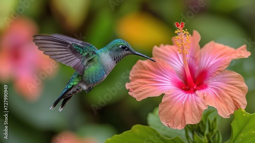 a hummingbird hovering over a pink flower next to a green leafy plant with a pink flower in the foreground. © Jevjenijs
