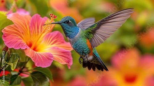 a hummingbird perched on top of a pink flower next to a green leafy plant and a pink flower.