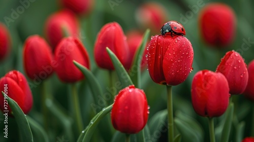 a ladybug sitting on top of a red flower in the middle of a field of red tulips. photo