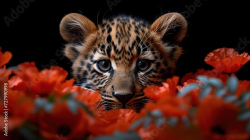 a close up of a small leopard in a field of flowers with it s face looking at the camera.