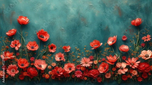 a painting of red and pink flowers on a teal green background with a border of orange and pink flowers. © Jevjenijs