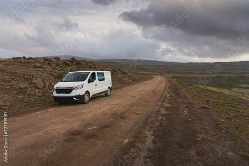 Camper van parked at the side of the road at Dynjandisheiði Heath in summer in the Westfjords, Iceland