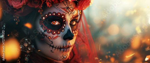 Elegant Day of the Dead Celebration - A Close-Up Portrait of a Person with Artistic Catrina Makeup Surrounded by Golden Autumn Leaves © Canvas Elegance