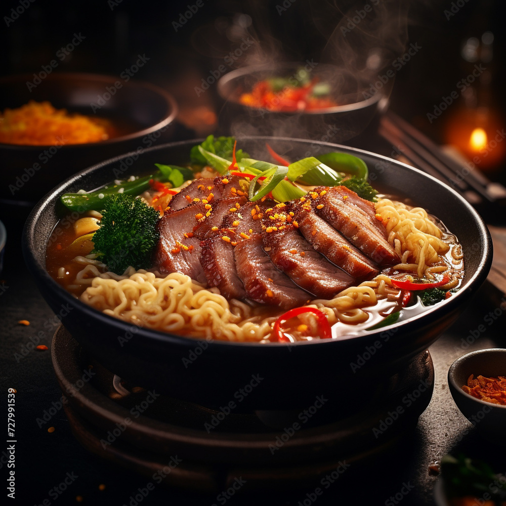 A bowl of steaming hot ramen noodles with a rich soup base topped with topped stir-fried pork and vegetables, moody lighting, and home-cooked food. Rustic A bowl of steaming hot ramen noodles with a rich soup base topped with topped stir-fried pork and vegetables, moody lighting, and home-cooked food. Rustic