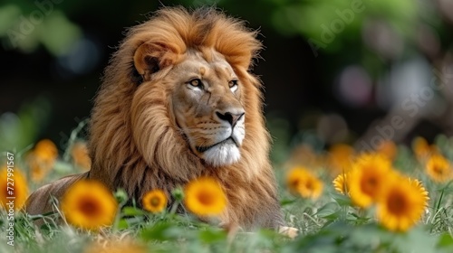 a close up of a lion laying in a field of sunflowers with a blurry background of trees.