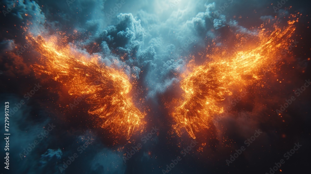 an image of a pair of wings in the sky with fire and smoke coming out of it's wings.
