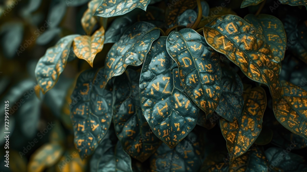 a close up of a green leafy plant with gold letters on it's leafy stems and leaves. a close up of a green leafy plant with gold letters on it's leafy stems and leaves.