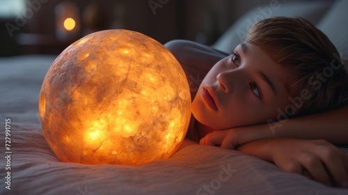 a little girl laying on top of a bed next to a glowing ball of light on a bed headboard.