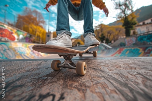 A skilled individual defies gravity with their skateboard, showcasing their passion for the thrilling sport of skateboarding while performing daring street stunts in a vibrant outdoor skatepark