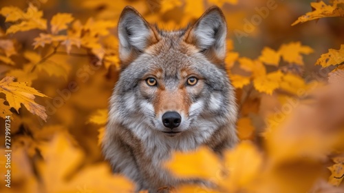 a close up wolf's face in front tree filled with yellow and orange autumn leaves.