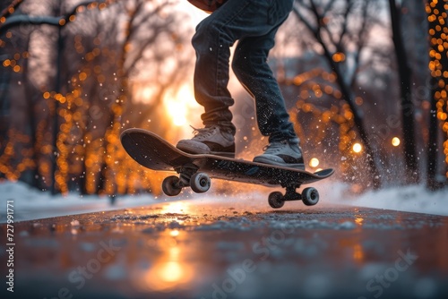 A skilled skateboarder gracefully glides through an outdoor winter wonderland, effortlessly performing stunts among the trees with their trusty skateboarding equipment